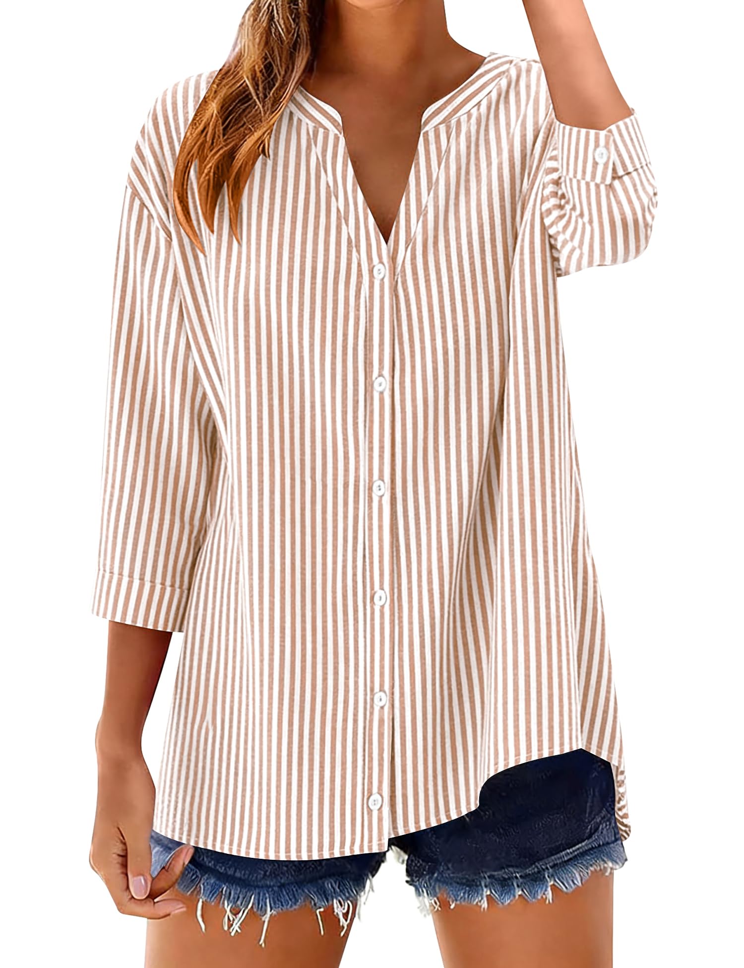 LOMON Cotton 3/4 Sleeve Button Down Shirts for Women Gingham Plaid Striped Tops V Neck Casual Loose Blouse