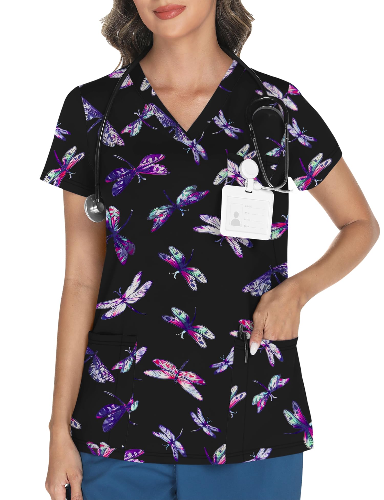 LOMON Women's V Neck Printed Scrub Top with 3 Pockets