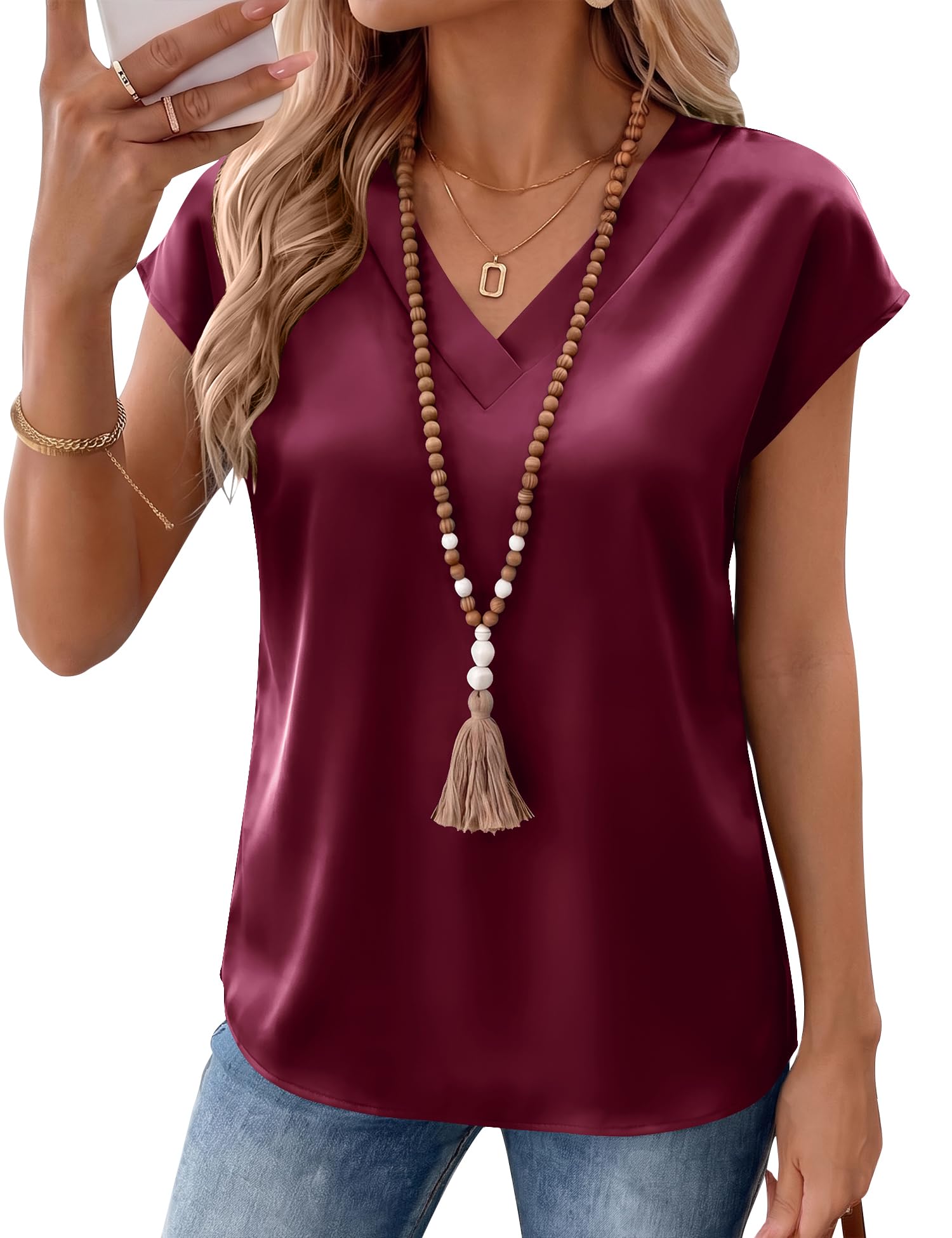 LOMON Women Silk Satin Tops Cap Short Sleeve Blouse V Neck Shirts Business Casual Outfits