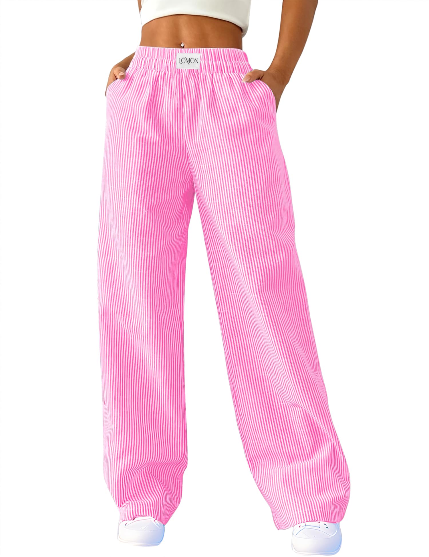 LOMON Womens Striped Gingham Boxer Pants Spring Summer Pajama Lounge Pj Casual Plaid Trousers Y2K Beach Bottoms with Pockets