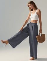 LOMON Linen Pants Women Wide Leg Palazzo Summer Flowy Pants Beach Vacation Clothes Elastic Waist Travel Trousers with Pockets