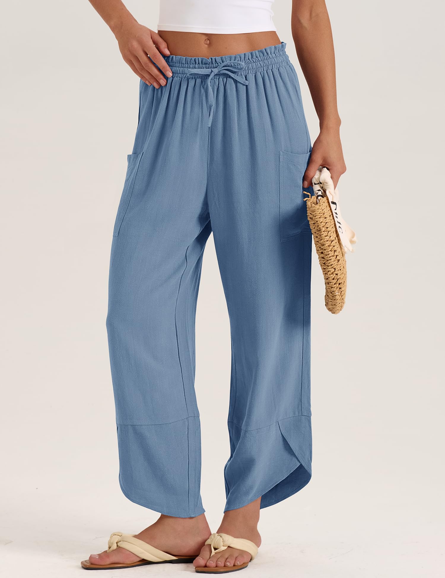 LOMON Women Linen Palazzo Pants Boho Wide Leg Elastic Waisted Casual Capri Pant Summer Harem Lounge with Pockets