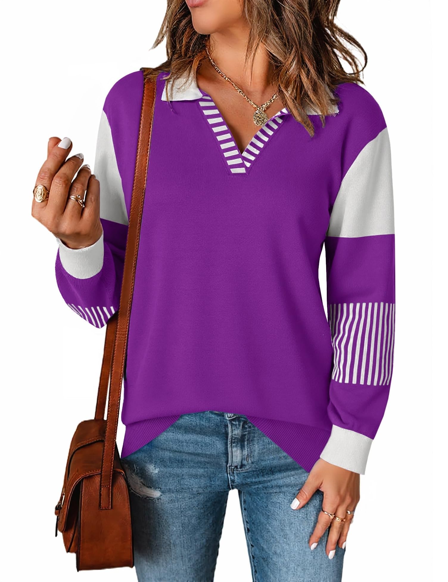 LOMON V Neck Long Sleeve Loose Sweaters Color Block Striped Knitted Pullover Jumper Tops