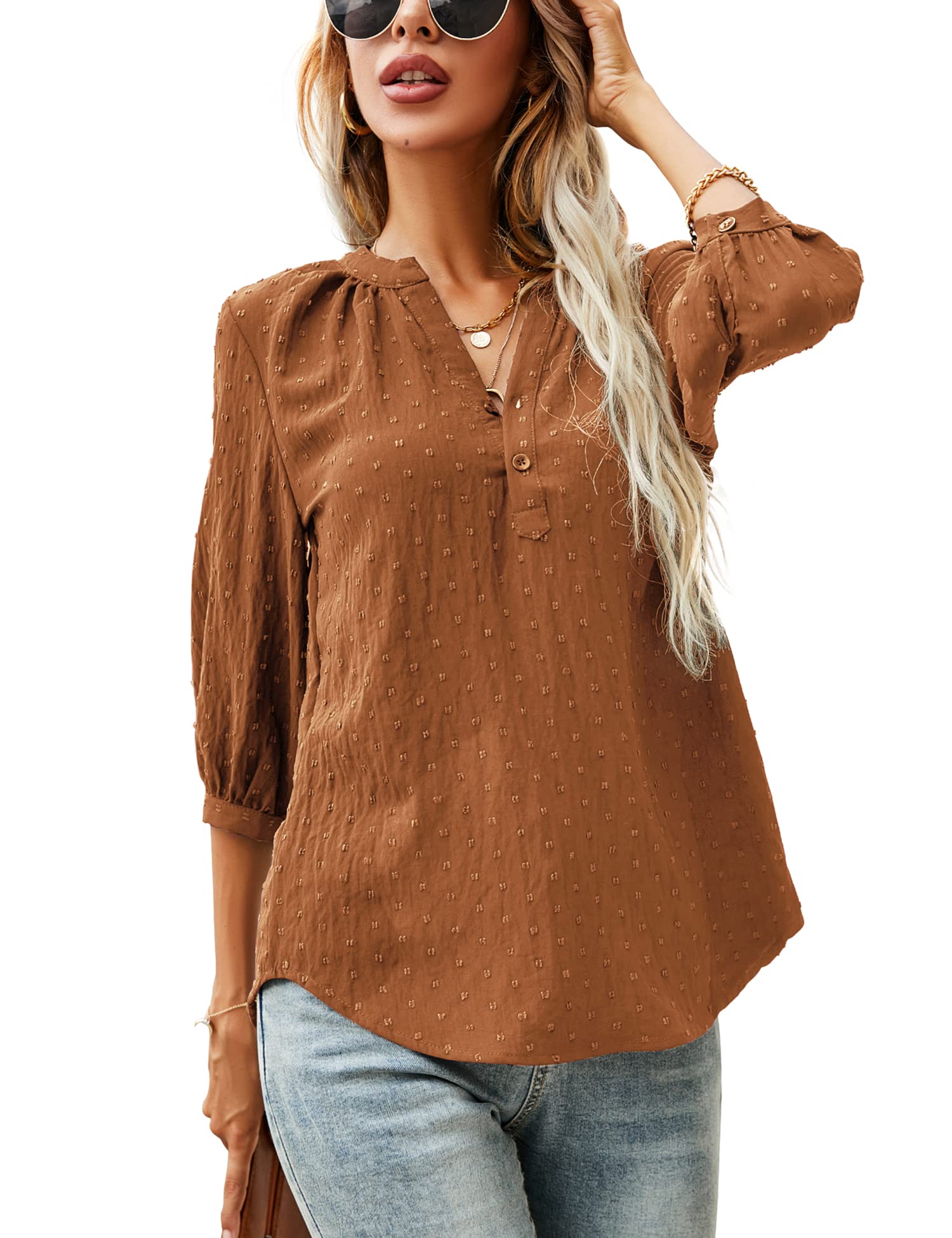 LOMON Women's Casual 3/4 Sleeve Henley V-Neck Button Up Pleated Back Blouses Swiss Dot Blouse Tops T-Shirts S-XXL
