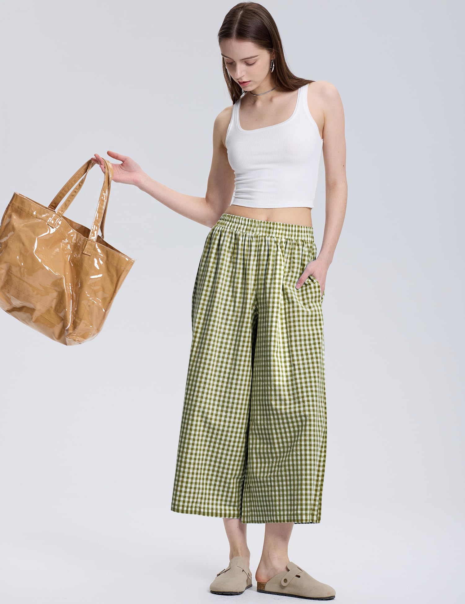 LOMON Womens Wide Leg Capri Pants Gingham Plaid Culottes Summer Elastic Waist Palazzo Trousers Bottoms with Pockets
