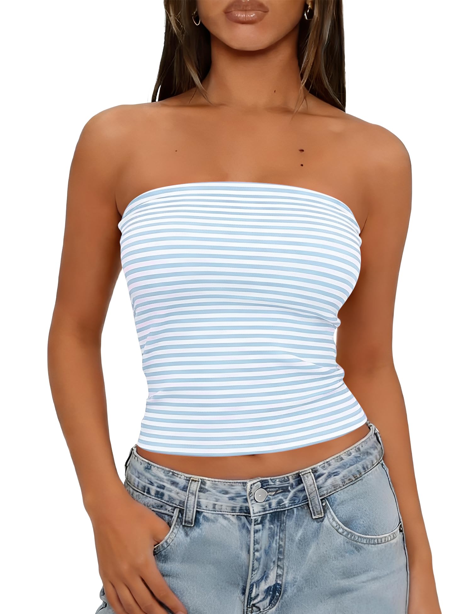 LOMON Summer Tube Tops for Women 2026 Y2k Sexy Going Out Crop Strapless Sleeveless Basic Fitted Bandeau Tank Top