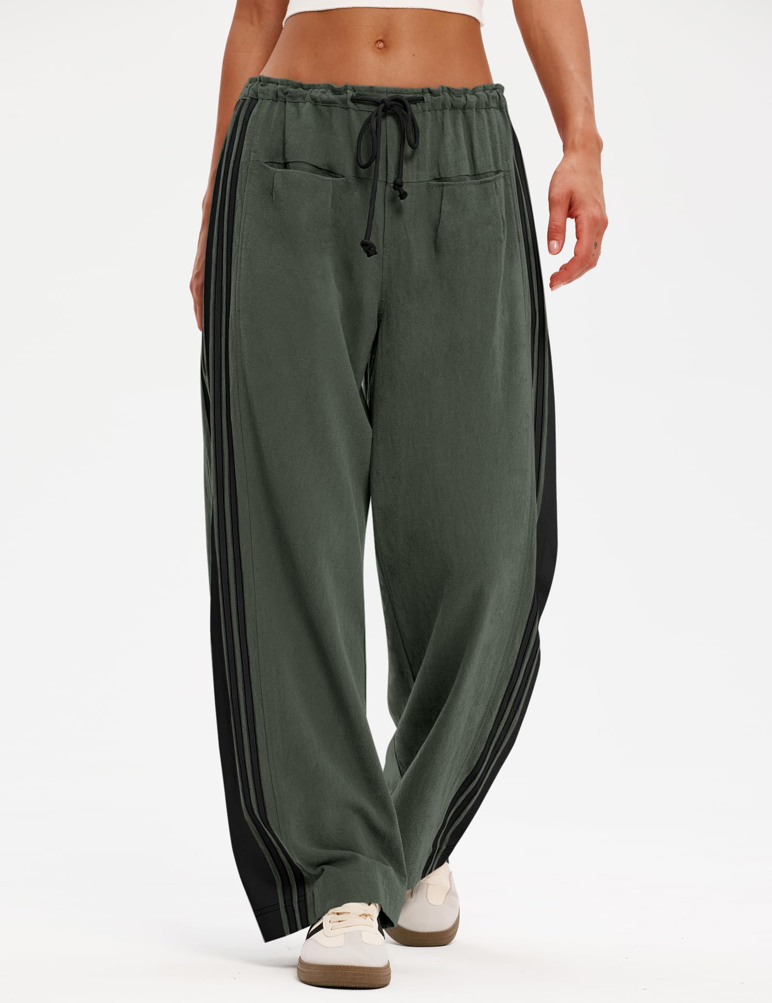 LOMON Pants for Women Wide Leg Side Striped Pants Drawstring Baggy Palazzo Work Trousers with Pockets