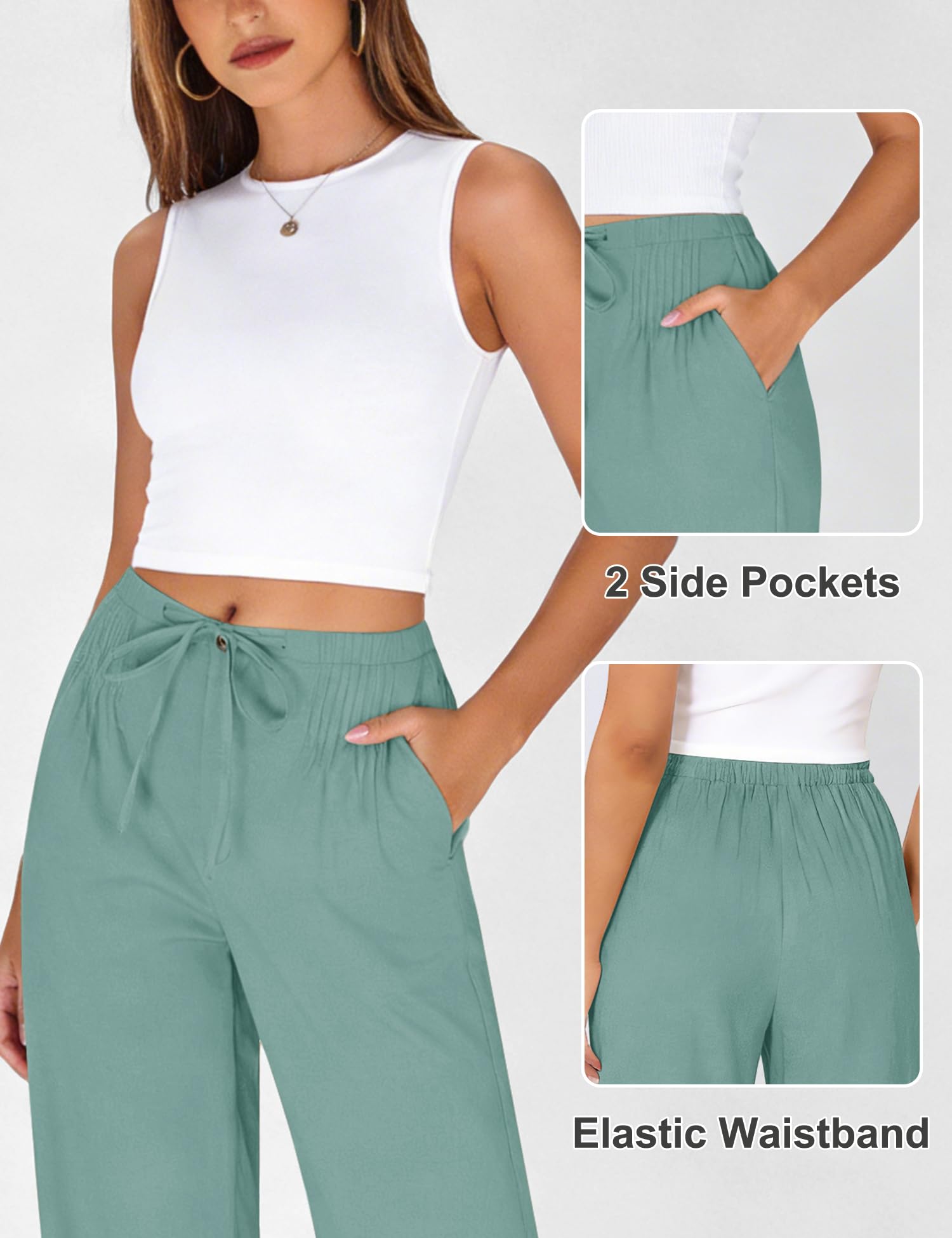 LOMON Womens Linen Pants Summer Wide Leg Cotton Pants Drawstring Elastic Waist Casual Loose Slacks Work Trousers with Pockets