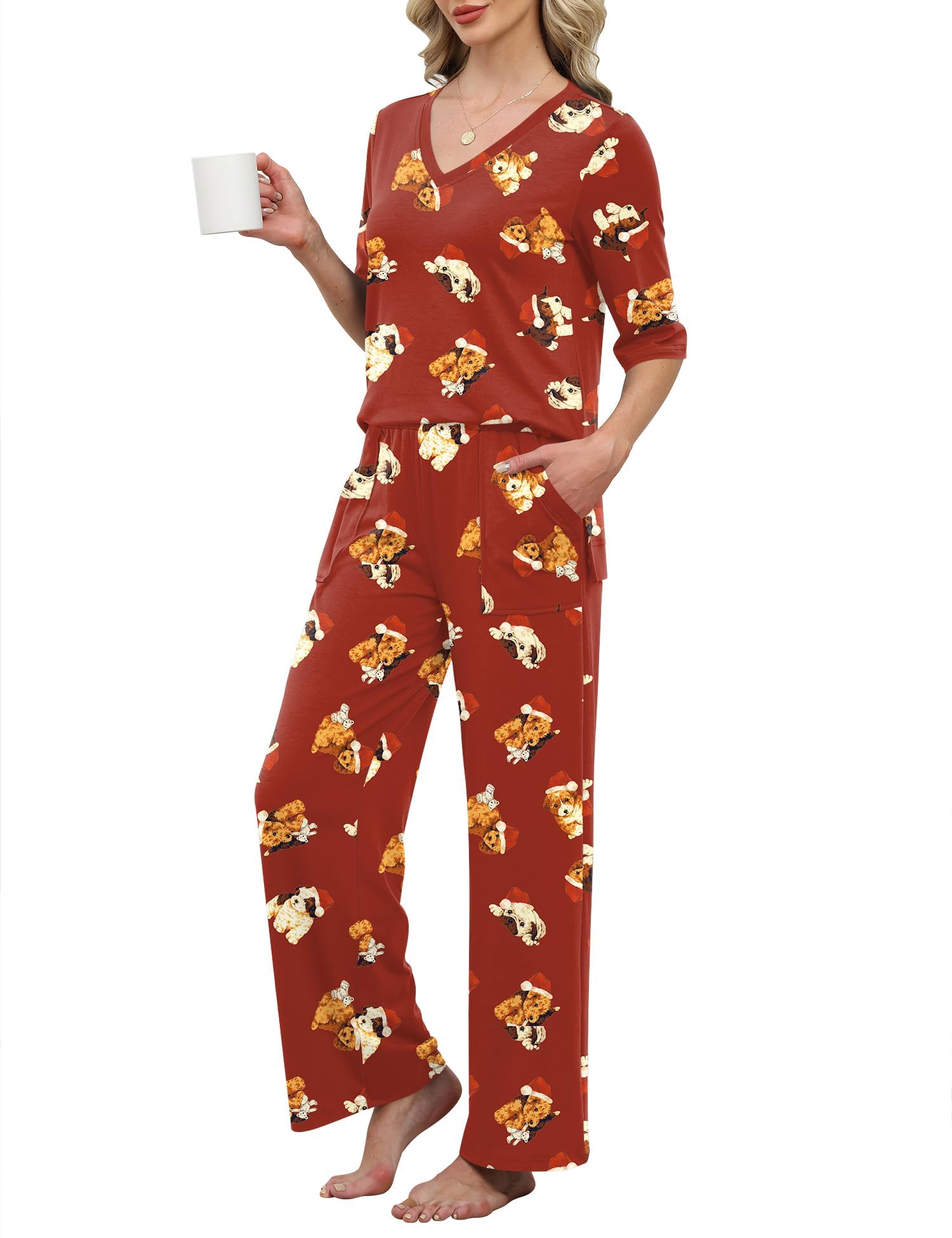 LOMON Women's 2 Piece Lounge Pajama Sets Soft 3/4 Sleeve Tops and Wide Leg Pants Loose Casual Outfits with Pockets