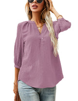 LOMON Women's Casual 3/4 Sleeve Henley V-Neck Button Up Pleated Back Blouses Swiss Dot Blouse Tops T-Shirts S-XXL