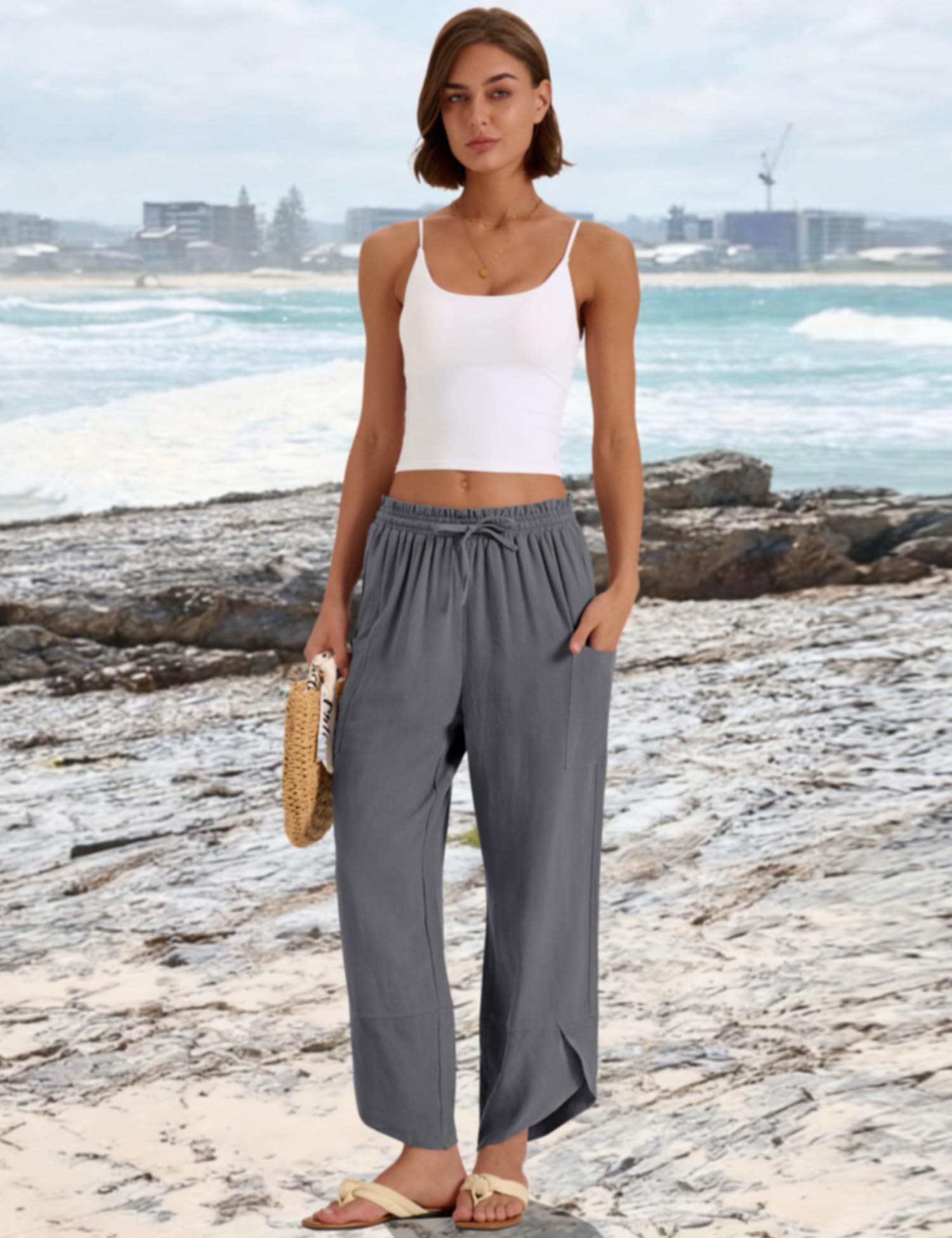 LOMON Women Linen Palazzo Pants Boho Wide Leg Elastic Waisted Casual Capri Pant Summer Harem Lounge with Pockets