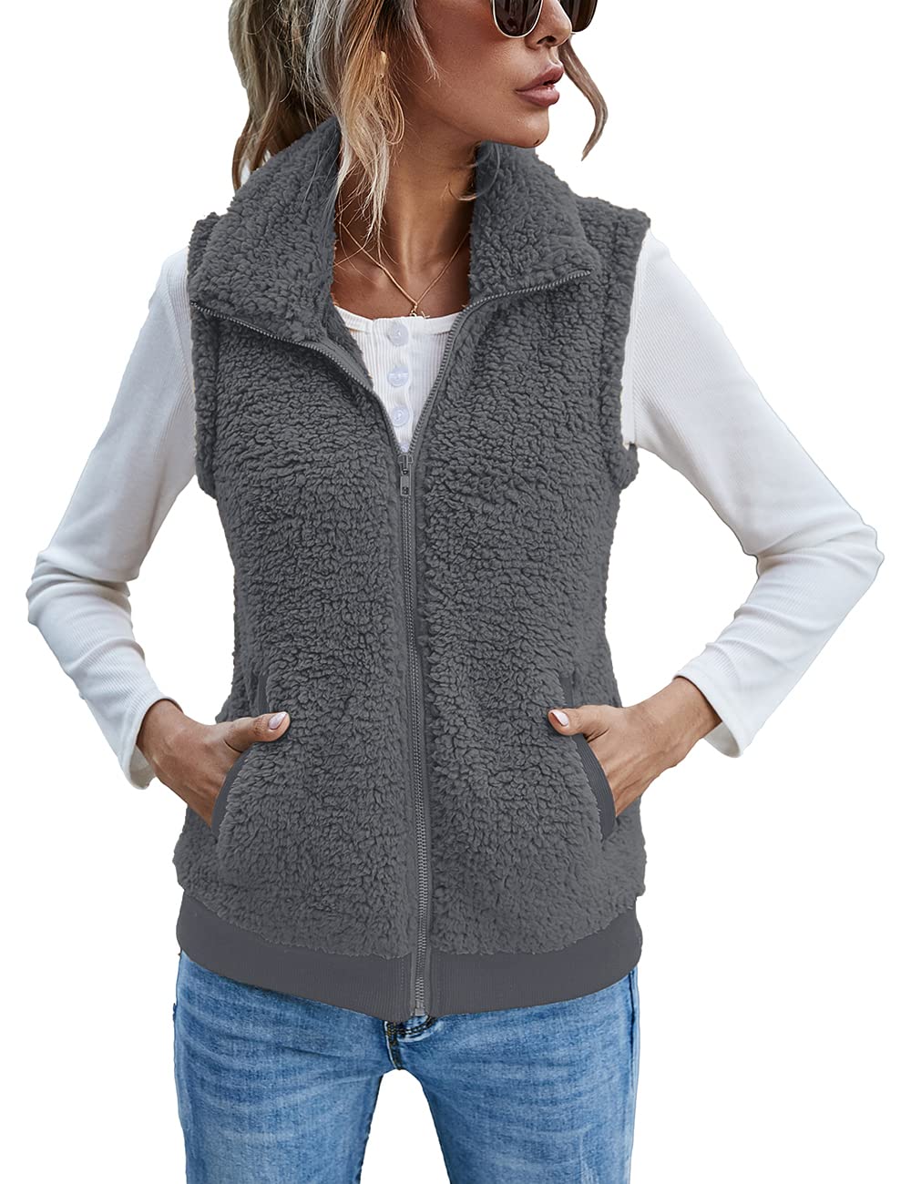 LOMON Womens Fuzzy Fleece Vest, Casual Warm Sleeveless Zip Up Sherpa Vest Jacket with Pockets for Fall/Winter