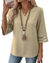 LOMON Womens 3/4 Sleeve V Neck Bohemian Blouses Casual Loose Fit Tunic Tops Vacation Clothes