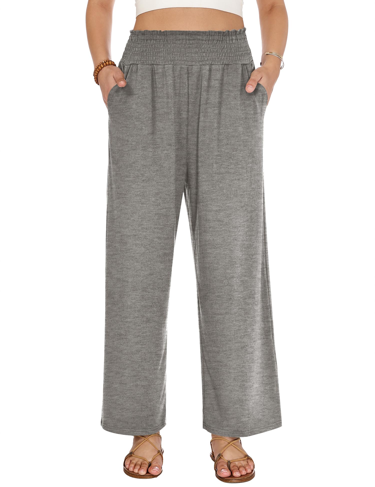 LOMON Womens Elastic High Waisted Palazzo Pants Casual Wide Leg Long Beach Vacation Trousers with Pockets