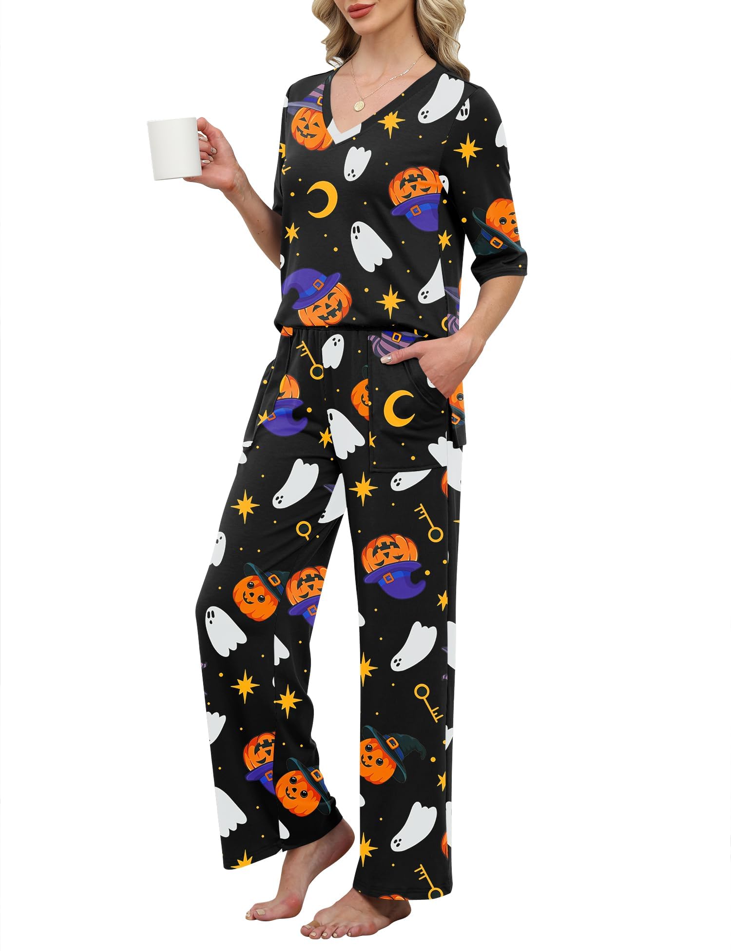 LOMON Women's 2 Piece Lounge Pajama Sets Soft 3/4 Sleeve Tops and Wide Leg Pants Loose Casual Outfits with Pockets