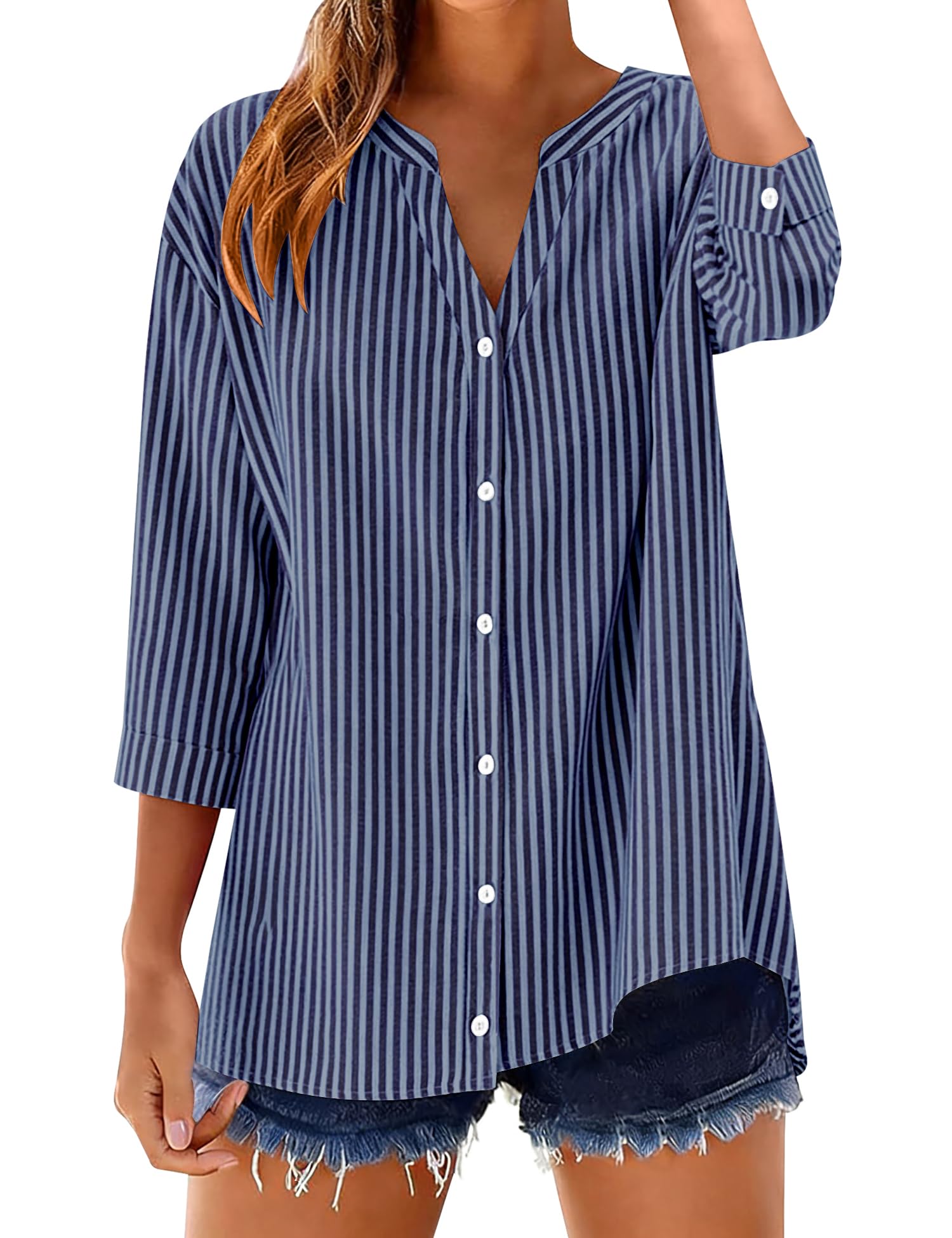 LOMON Cotton 3/4 Sleeve Button Down Shirts for Women Gingham Plaid Striped Tops V Neck Casual Loose Blouse