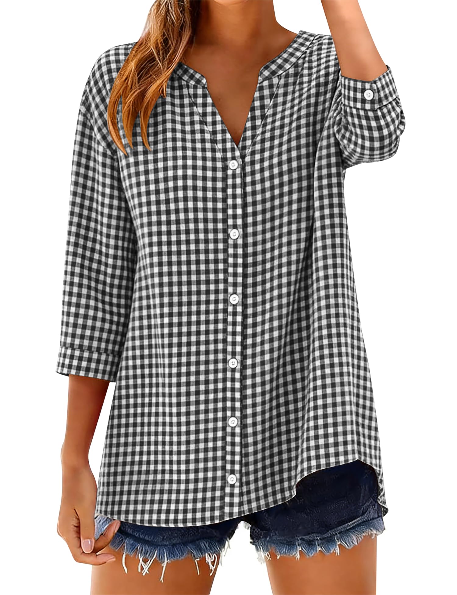 LOMON Cotton 3/4 Sleeve Button Down Shirts for Women Gingham Plaid Striped Tops V Neck Casual Loose Blouse
