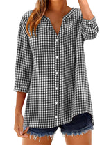 LOMON Cotton 3/4 Sleeve Button Down Shirts for Women Gingham Plaid Striped Tops V Neck Casual Loose Blouse