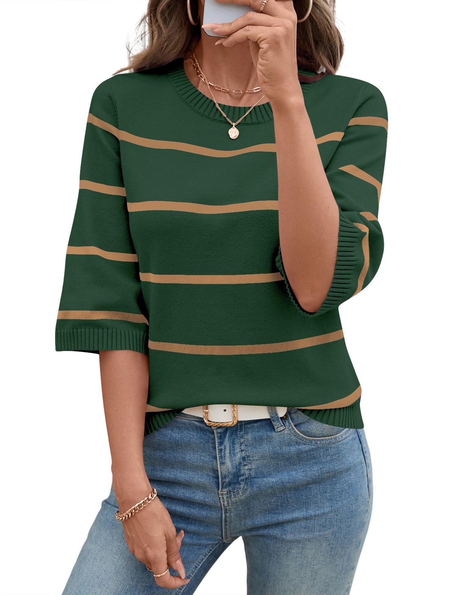 LOMON Womens Sweaters Casual Fall 2025 Crew Neck Striped 3/4 Sleeve Lightweight Knit Trendy Pullover Sweater Tops S-XL