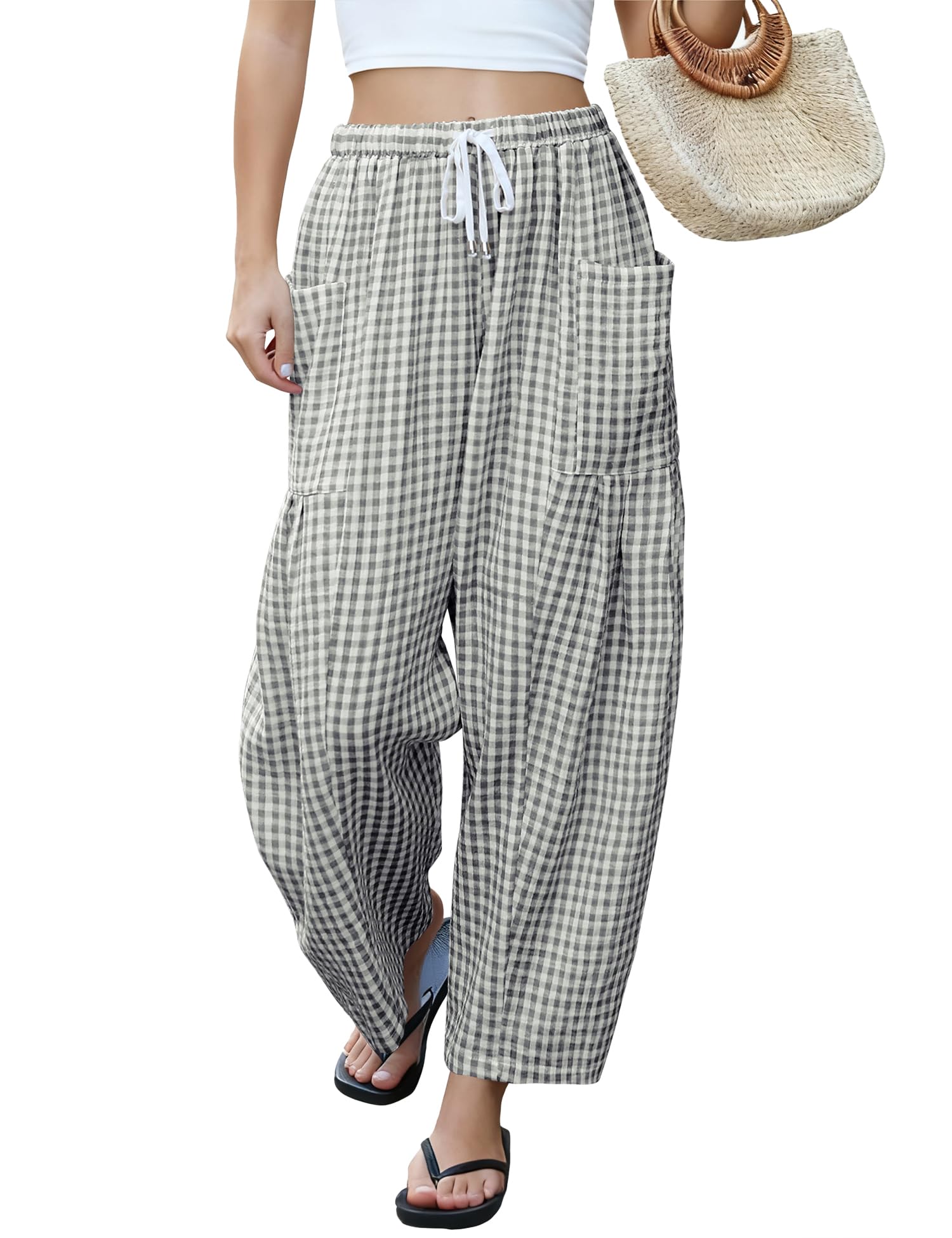 LOMON Womens Wide Leg Linen Pants Casual Drawstring Palazzo Harem Pants Summer Loose Beach Travel Vacation Pants with Pockets