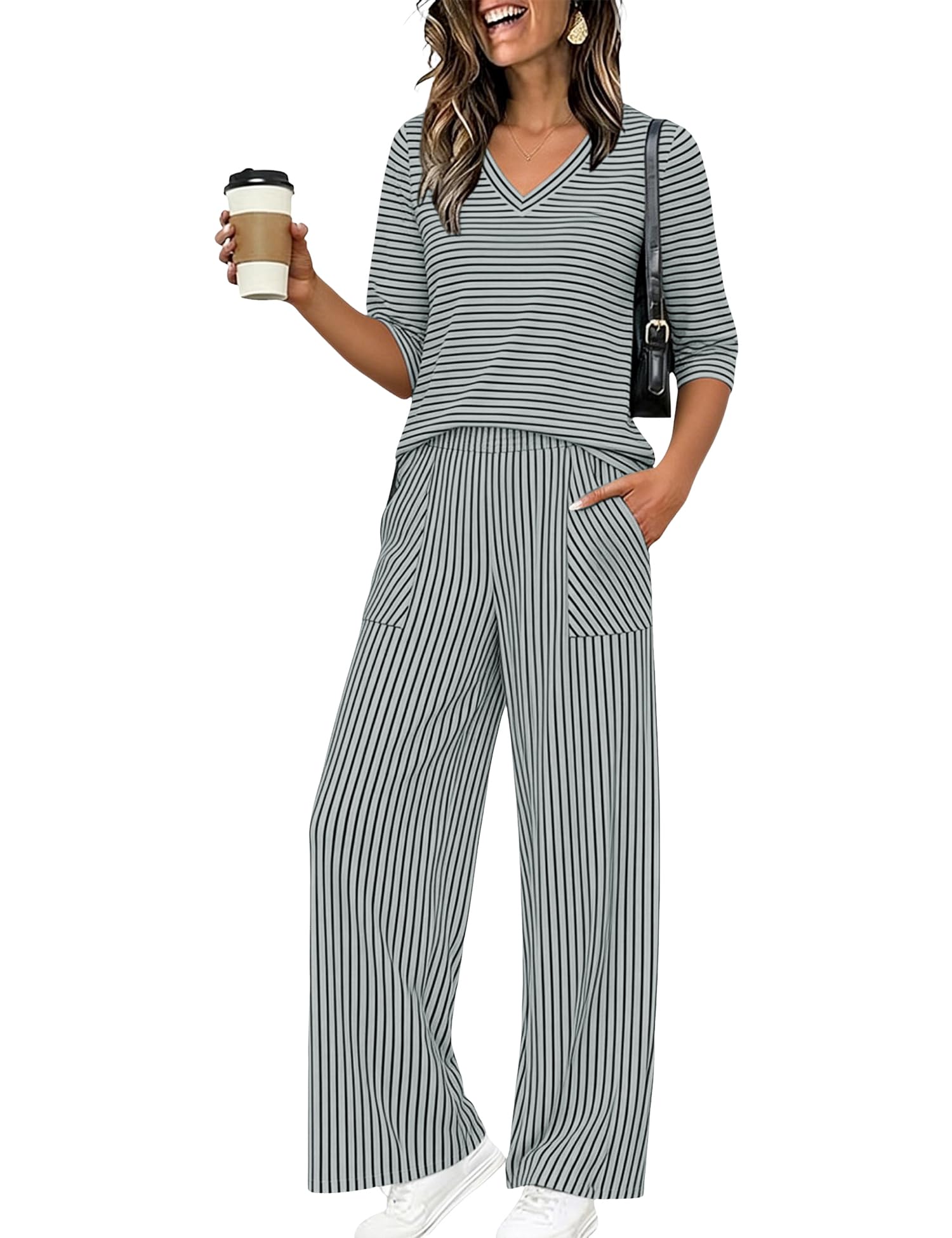 LOMON Women's 2 Piece Lounge Pajama Sets Soft 3/4 Sleeve Tops and Wide Leg Pants Loose Casual Outfits with Pockets
