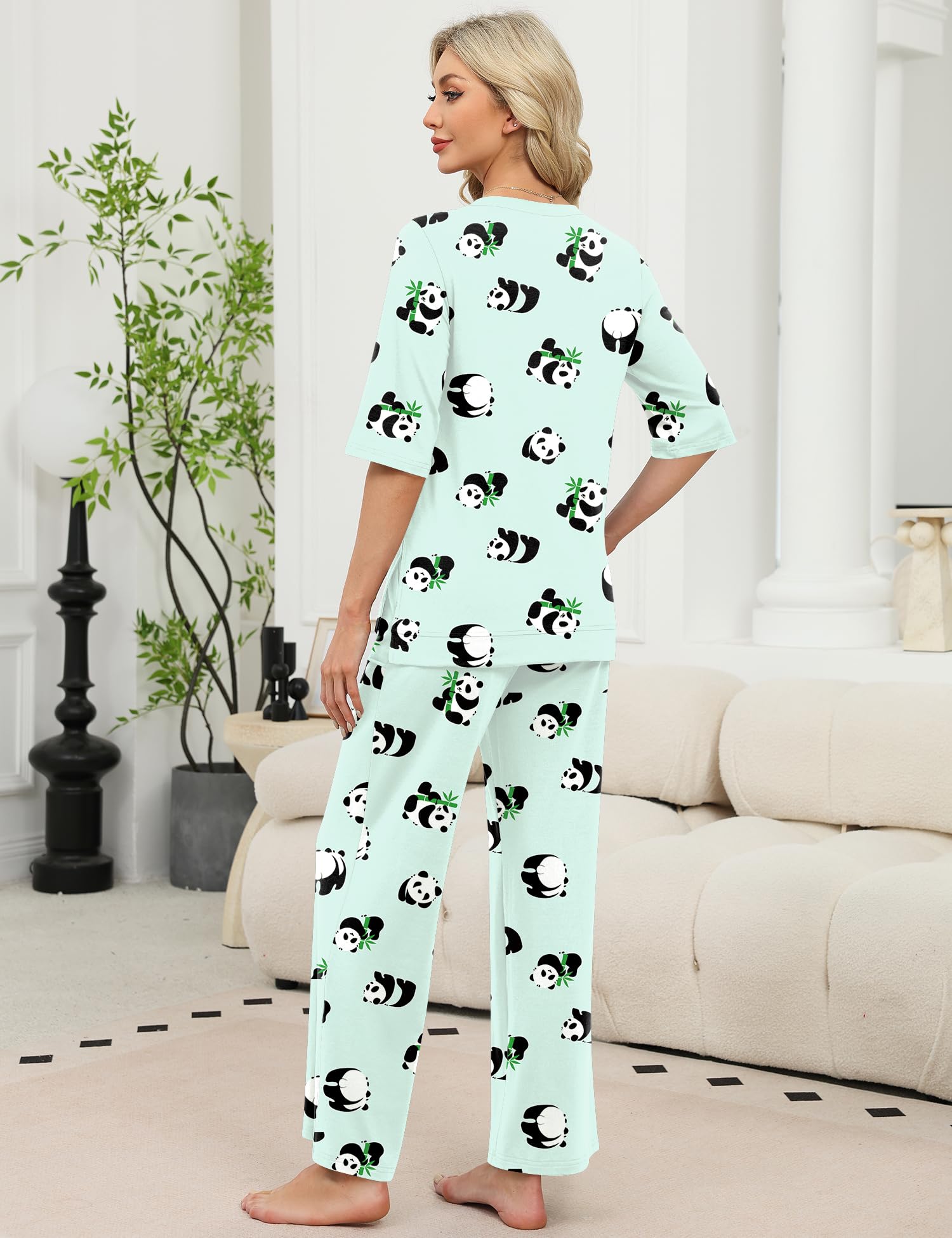LOMON Women's 2 Piece Lounge Pajama Sets Soft 3/4 Sleeve Tops and Wide Leg Pants Loose Casual Outfits with Pockets