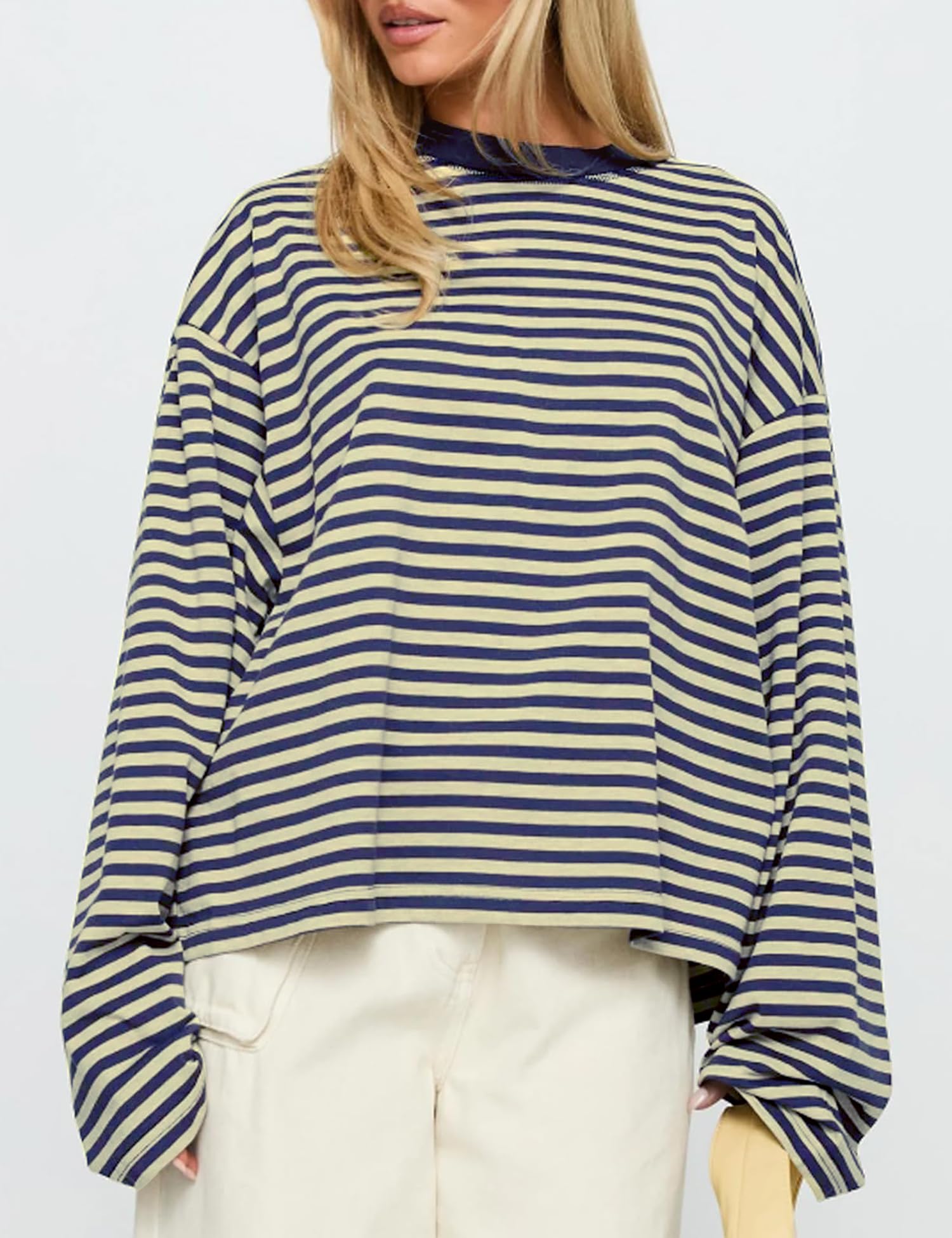 LOMON Striped Long Sleeve Shirt Women Y2k Oversized Crewneck Fall Spring Drop Shoulder Vintage Tops Teen Girl Clothes