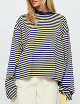 LOMON Striped Long Sleeve Shirt Women Y2k Oversized Crewneck Fall Spring Drop Shoulder Vintage Tops Teen Girl Clothes