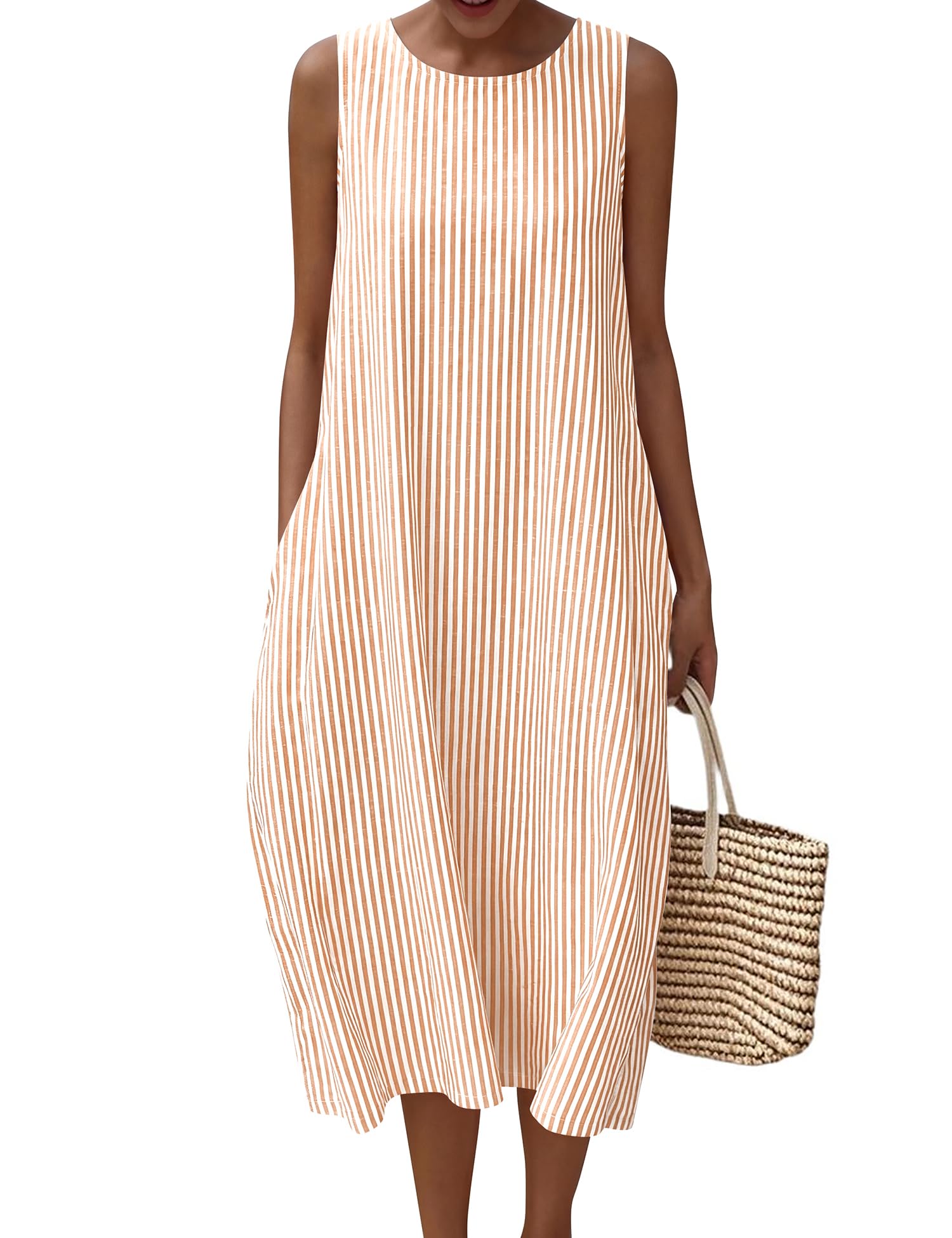 LOMON Summer Dresses for Women Cotton Casual Maxi Dress Beach Vacation Long Sundresses Plaid Striped with Pockets
