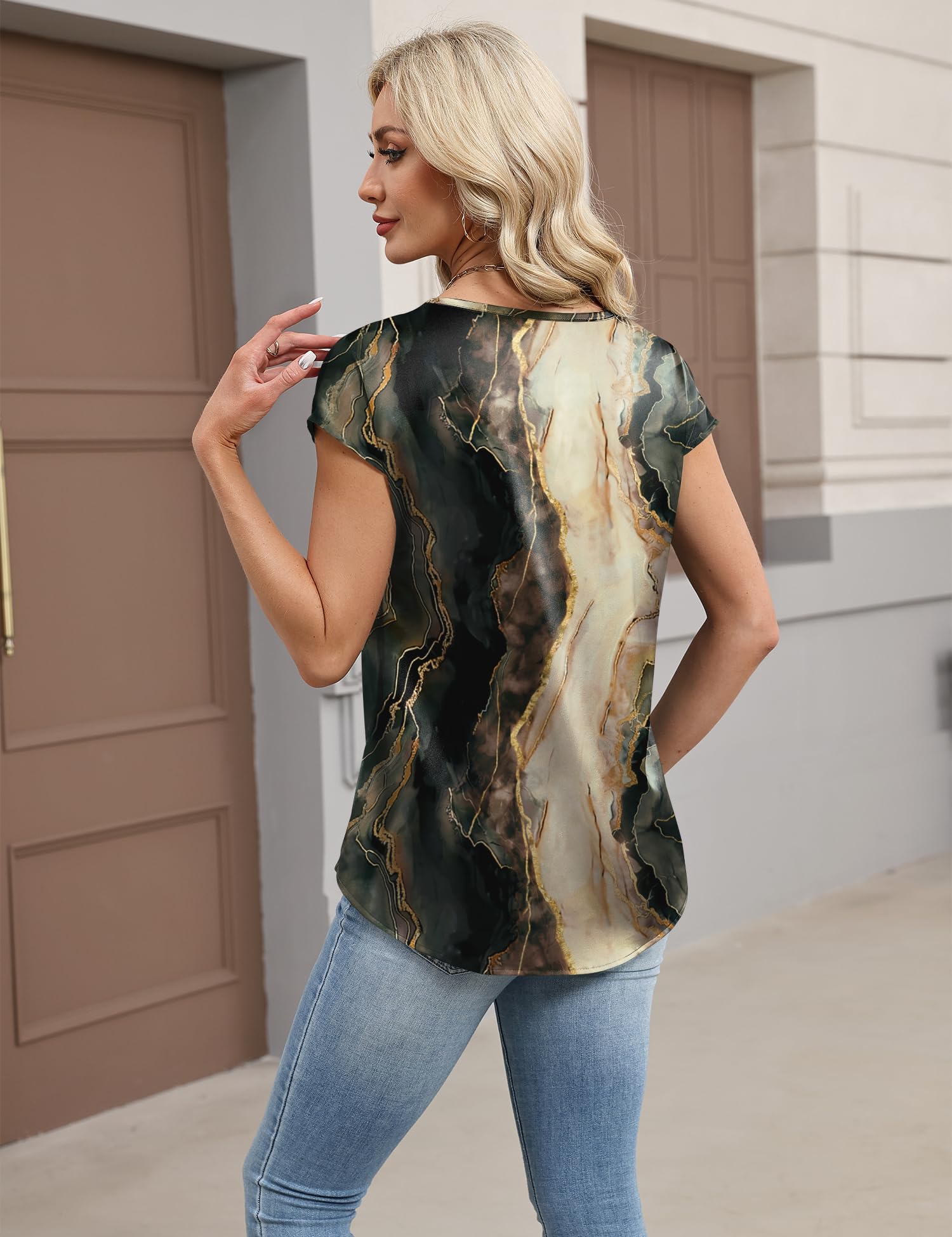 LOMON Women Silk Satin Tops Cap Short Sleeve Blouse V Neck Shirts Business Casual Outfits