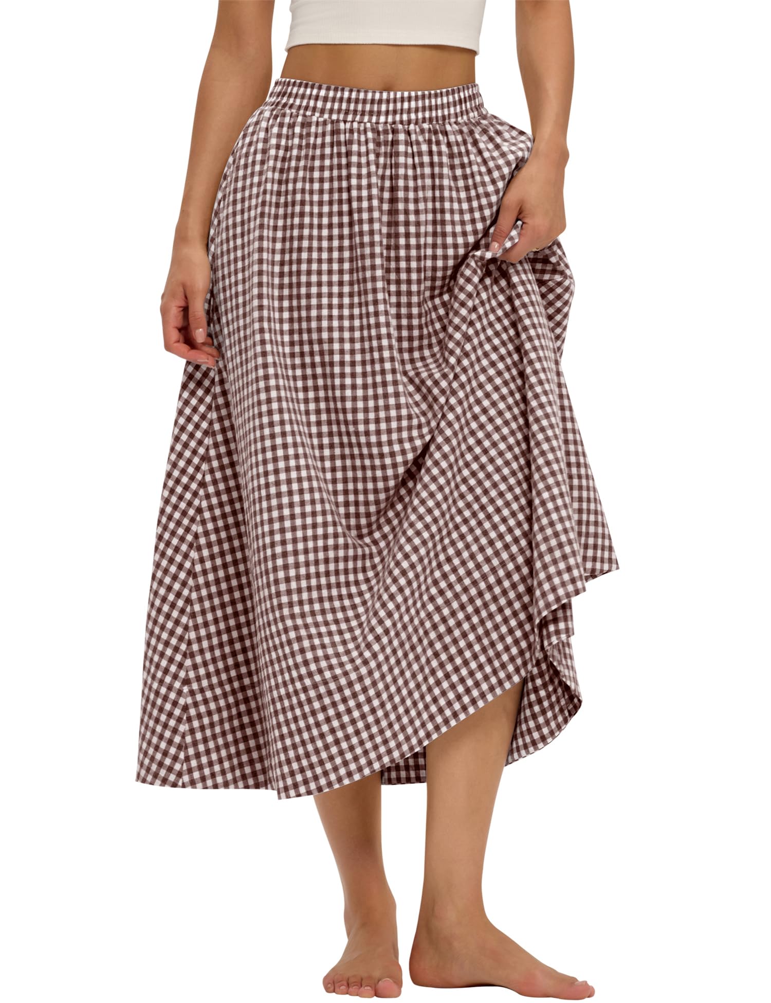 LOMON Midi Skirts for Women A-Line Cotton Flowy Maxi Skirt Boho Summer Beach Casual Elastic Waist Dress Outfit with Pockets