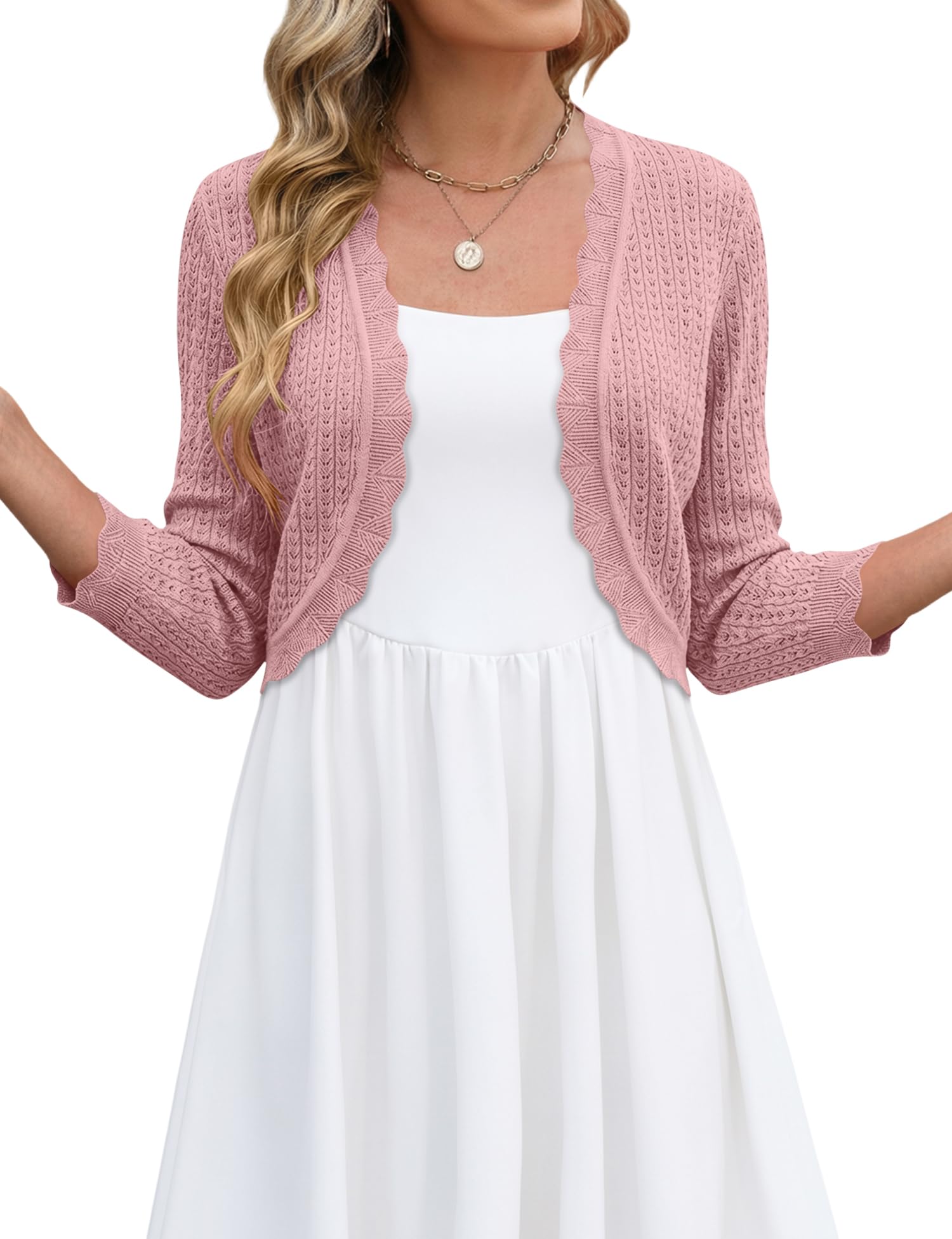 LOMON Women's 3/4 Sleeve Cropped Cardigan Knit Sweaters Trendy Open Front Bolero Shrugs for Dresses S-XXL