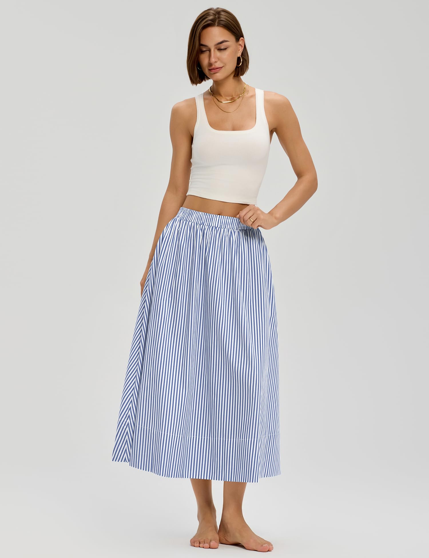 LOMON Midi Skirts for Women A-Line Cotton Flowy Maxi Skirt Boho Summer Beach Casual Elastic Waist Dress Outfit with Pockets