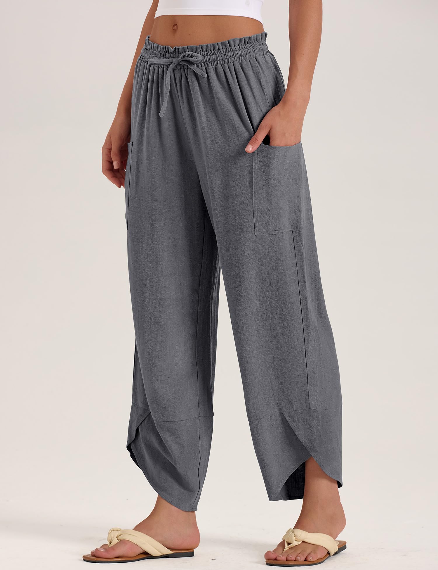 LOMON Women Linen Palazzo Pants Boho Wide Leg Elastic Waisted Casual Capri Pant Summer Harem Lounge with Pockets