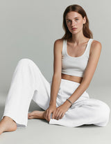 LOMON Linen Pants Women Wide Leg Palazzo Summer Flowy Pants Beach Vacation Clothes Elastic Waist Travel Trousers with Pockets