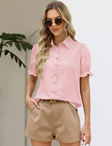 LOMON Linen Shirts for Women Puff Sleeve Button Down Summer Casual Cotton Linen Blouses Collared Work Tops Dressy