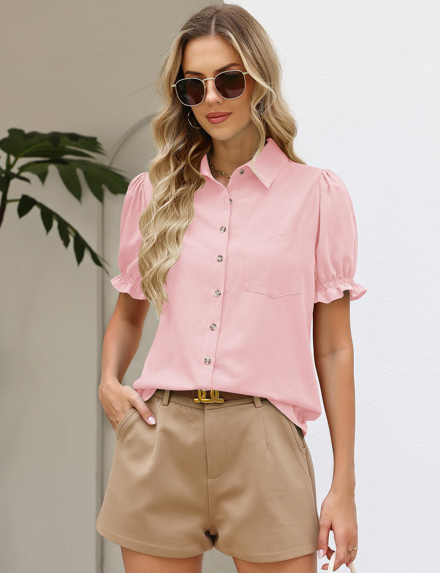 LOMON Linen Shirts for Women Puff Sleeve Button Down Summer Casual Cotton Linen Blouses Collared Work Tops Dressy