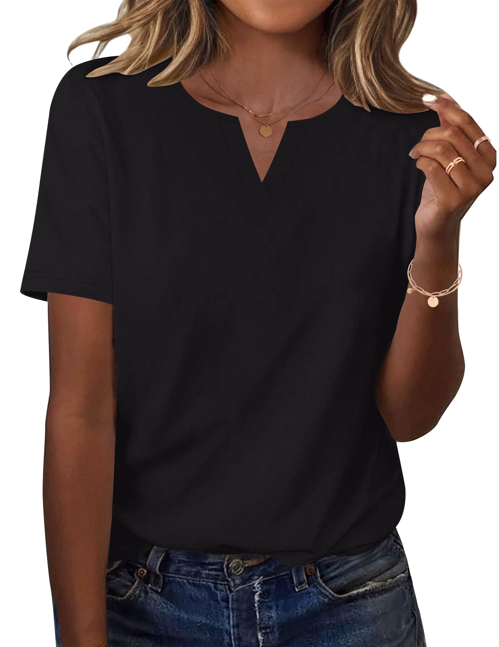LOMON Womens Short Sleeve V Neck T Shirts Summer Tops Basic Tees Business Casual Blouses Trendy Fashion Clothes