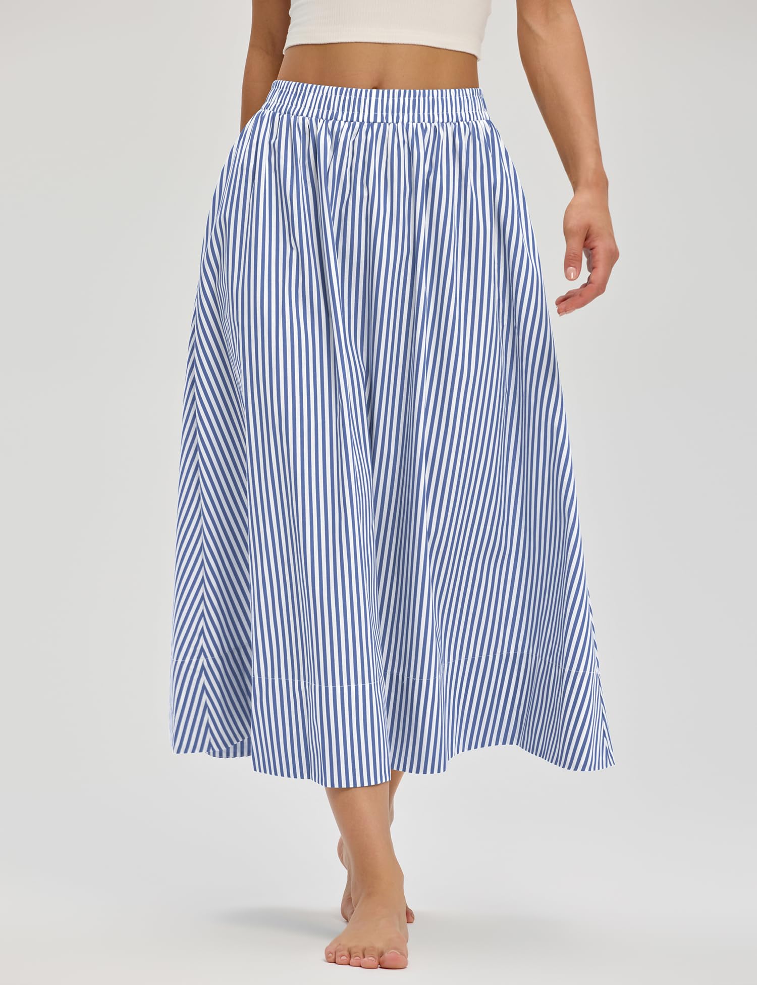 LOMON Midi Skirts for Women A-Line Cotton Flowy Maxi Skirt Boho Summer Beach Casual Elastic Waist Dress Outfit with Pockets