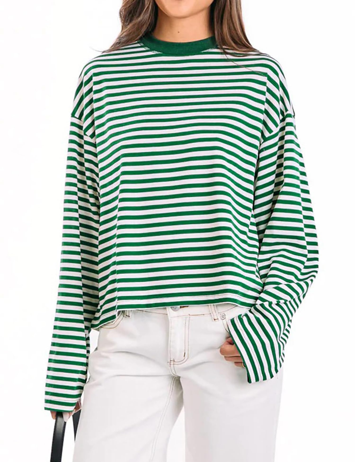 LOMON Striped Long Sleeve Shirt Women Y2k Oversized Crewneck Fall Spring Drop Shoulder Vintage Tops Teen Girl Clothes