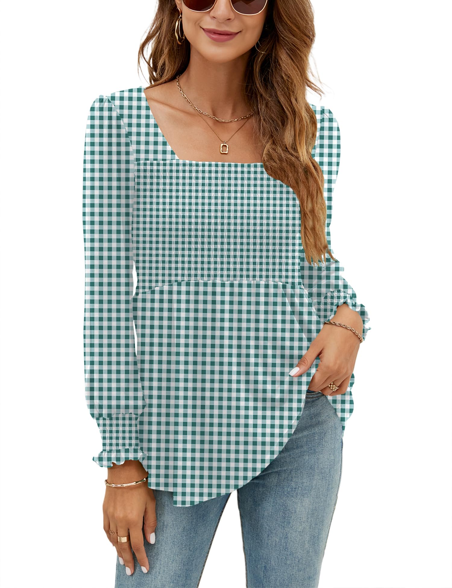 LOMON Blouses for Women Puff Long Sleeve Shirts Square Neck Casual Smocked Tunic Tops 2024 Spring Fall Winter Clothes S-XL