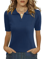 LOMON Womens Puff Short Sleeve Polo Sweater V Neck Knitted Tops Casual Ribbed Shirt Pullover Blouse