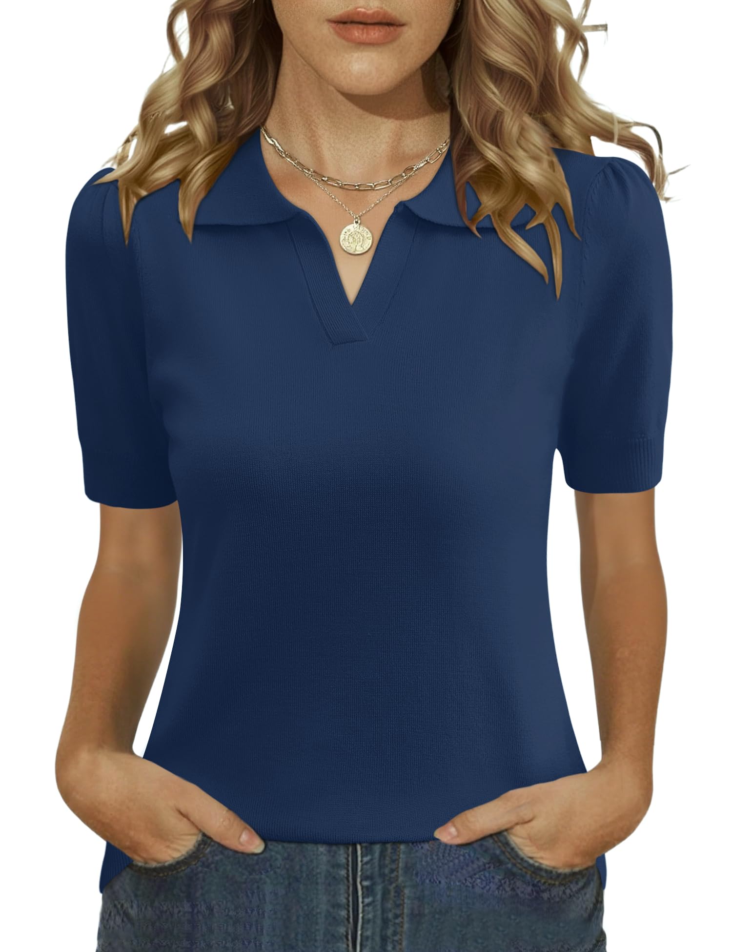 LOMON Womens Puff Short Sleeve Polo Sweater V Neck Knitted Tops Casual Ribbed Shirt Pullover Blouse