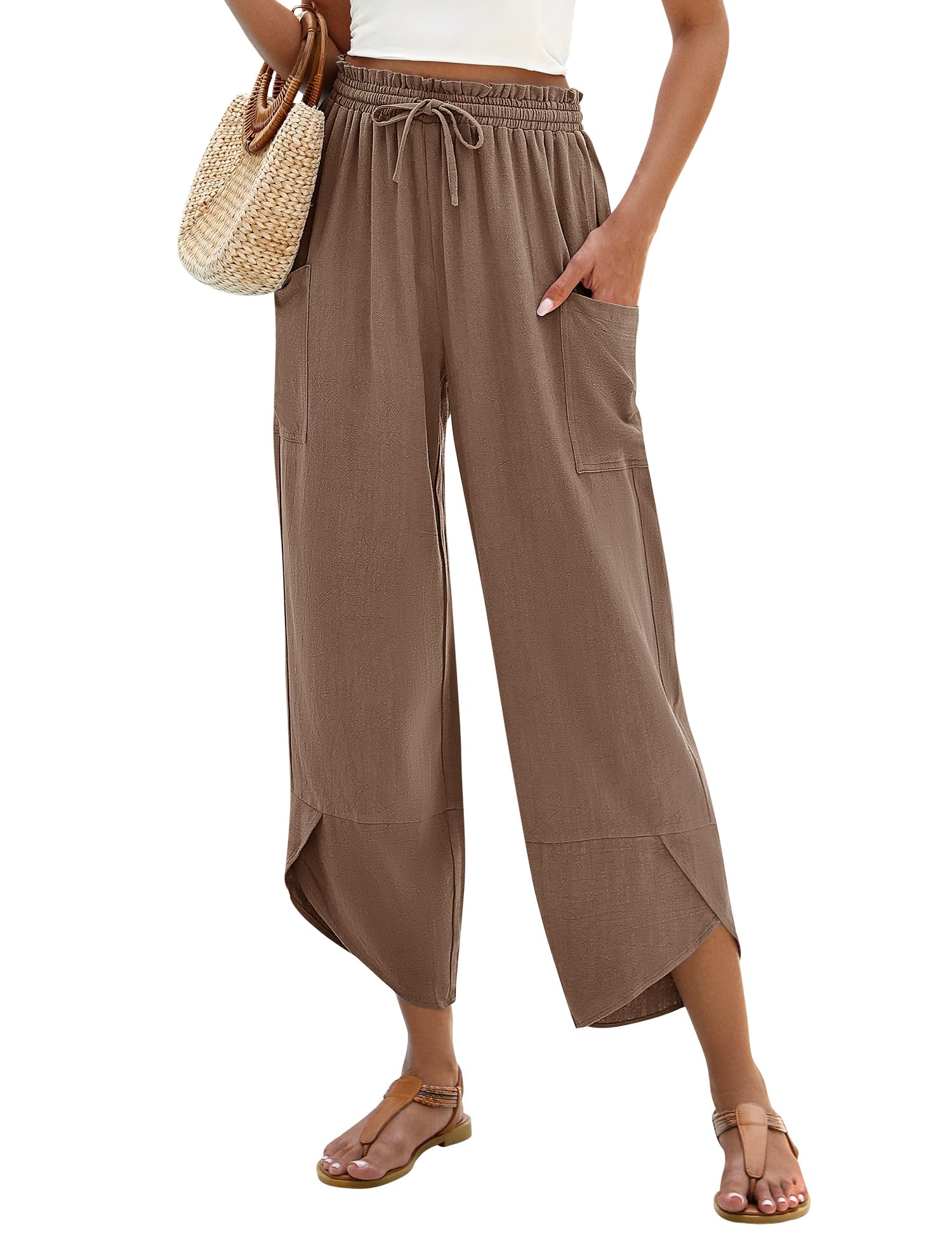 LOMON Women Linen Palazzo Pants Boho Wide Leg Elastic Waisted Casual Capri Pant Summer Harem Lounge with Pockets