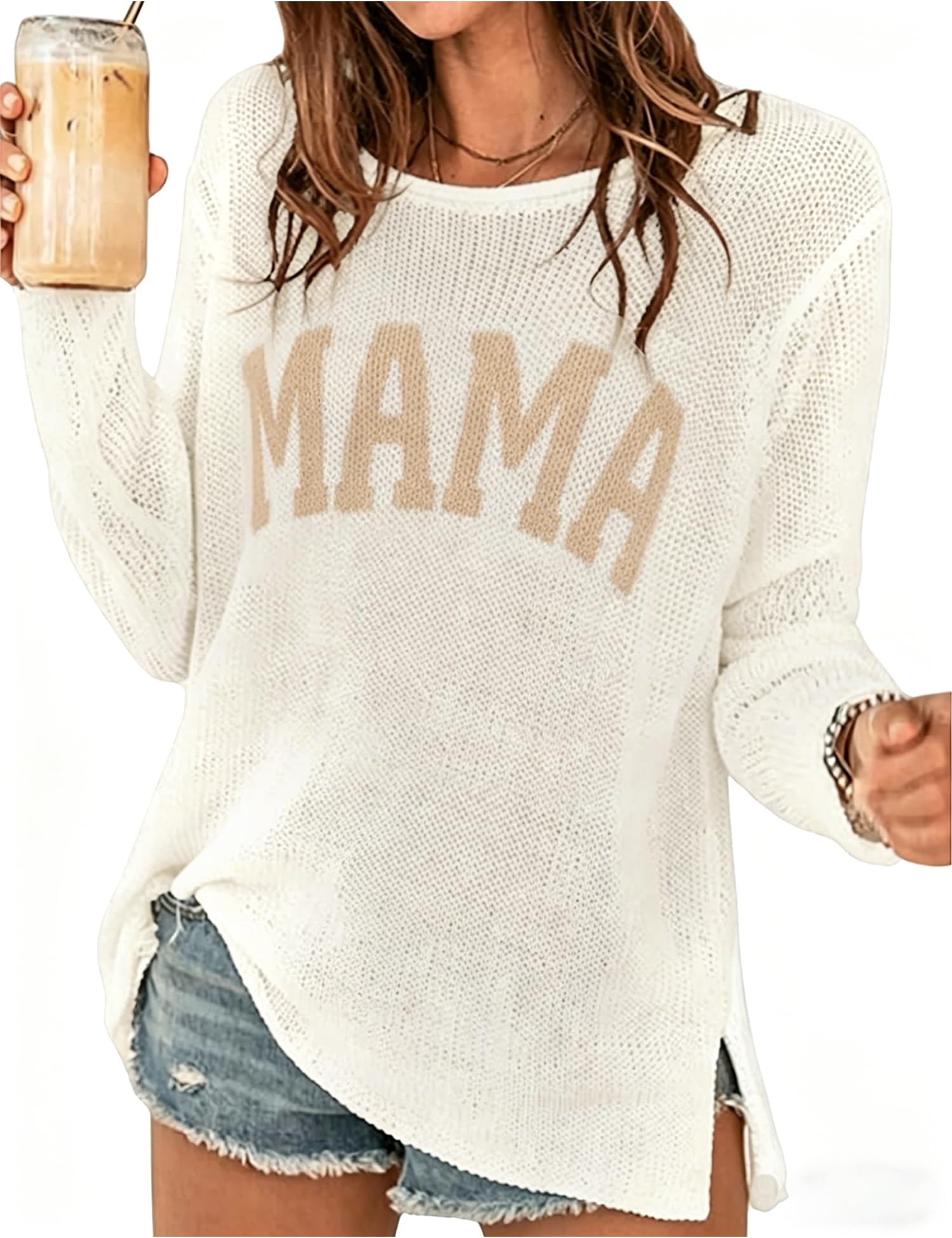 LOMON Beach Cover Up for Women Letter Print Long Sleeve Sweater Crochet Tops Shirts Casual Crewneck Split Hem Pullover