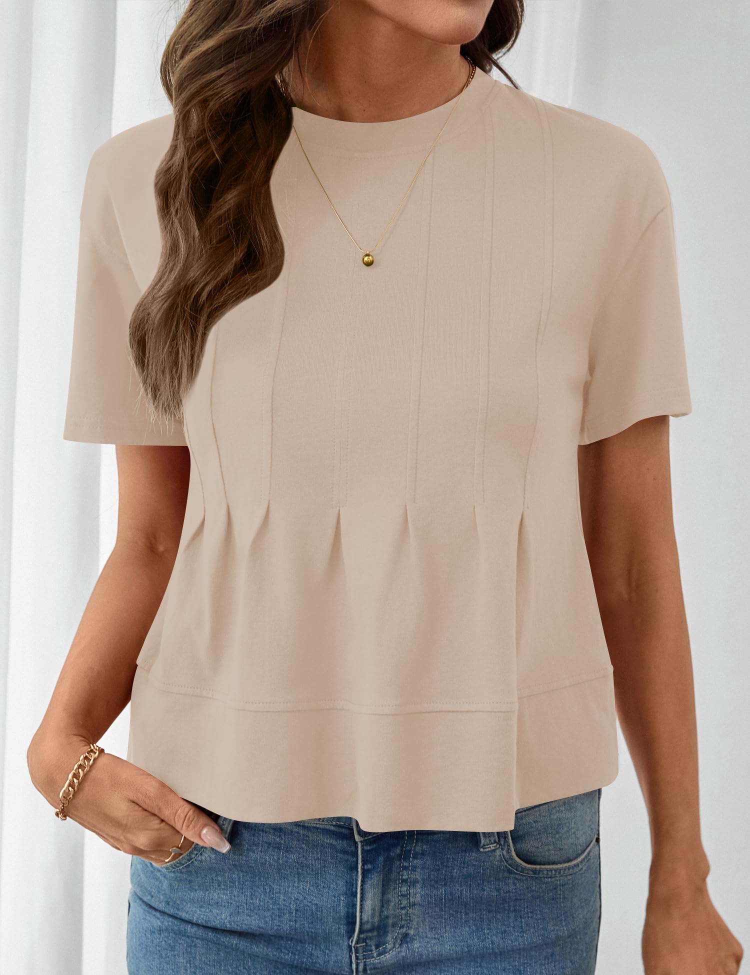LOMON Spring Peplum Tops for Women Babydoll Pleated Short Sleeve Crop Swing Shirts Blouses Trendy Casual Clothing 2026