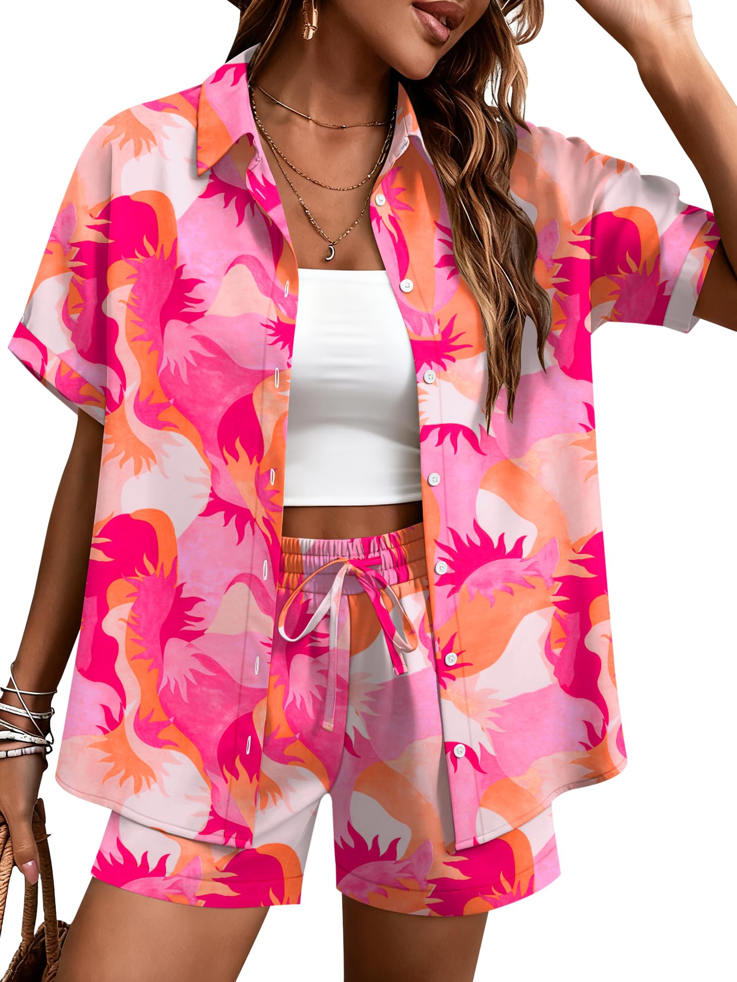 LOMON Women's 2 Piece Hawaiian Vacation Outfits Tropical Print Short Sleeve Shirts and Shorts Beach Sets Resort Wear