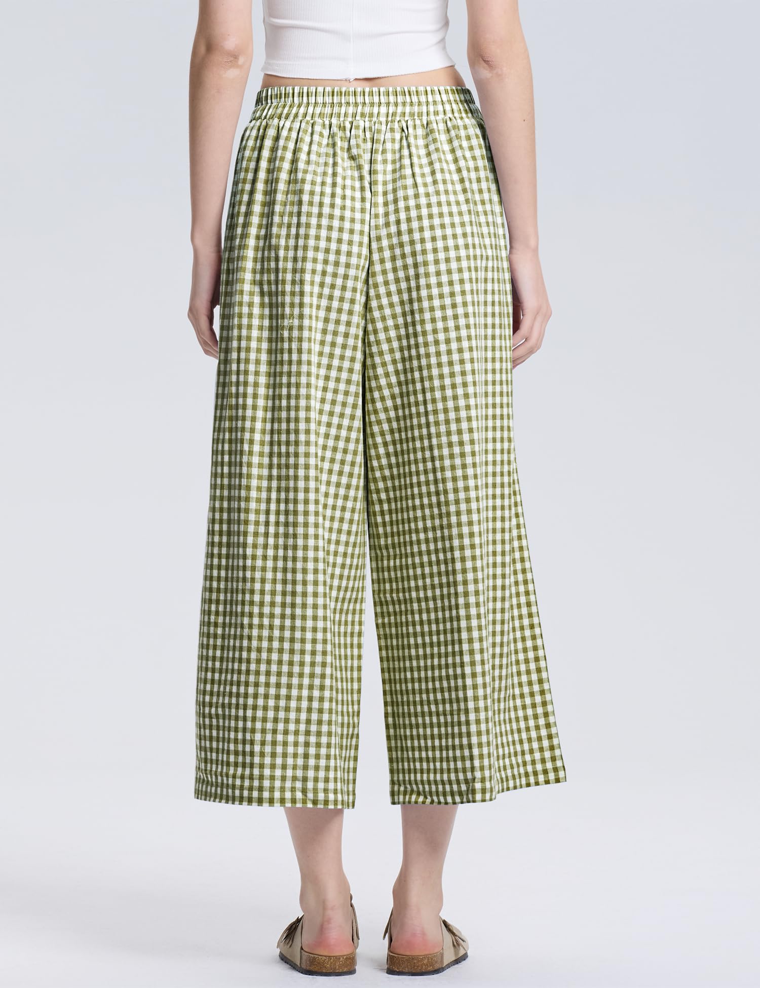 LOMON Womens Wide Leg Capri Pants Gingham Plaid Culottes Summer Elastic Waist Palazzo Trousers Bottoms with Pockets