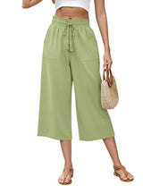 LOMON Women's Linen Capri Pants Wide Leg with Drawstring Elastic Waist Casual Cropped Pant