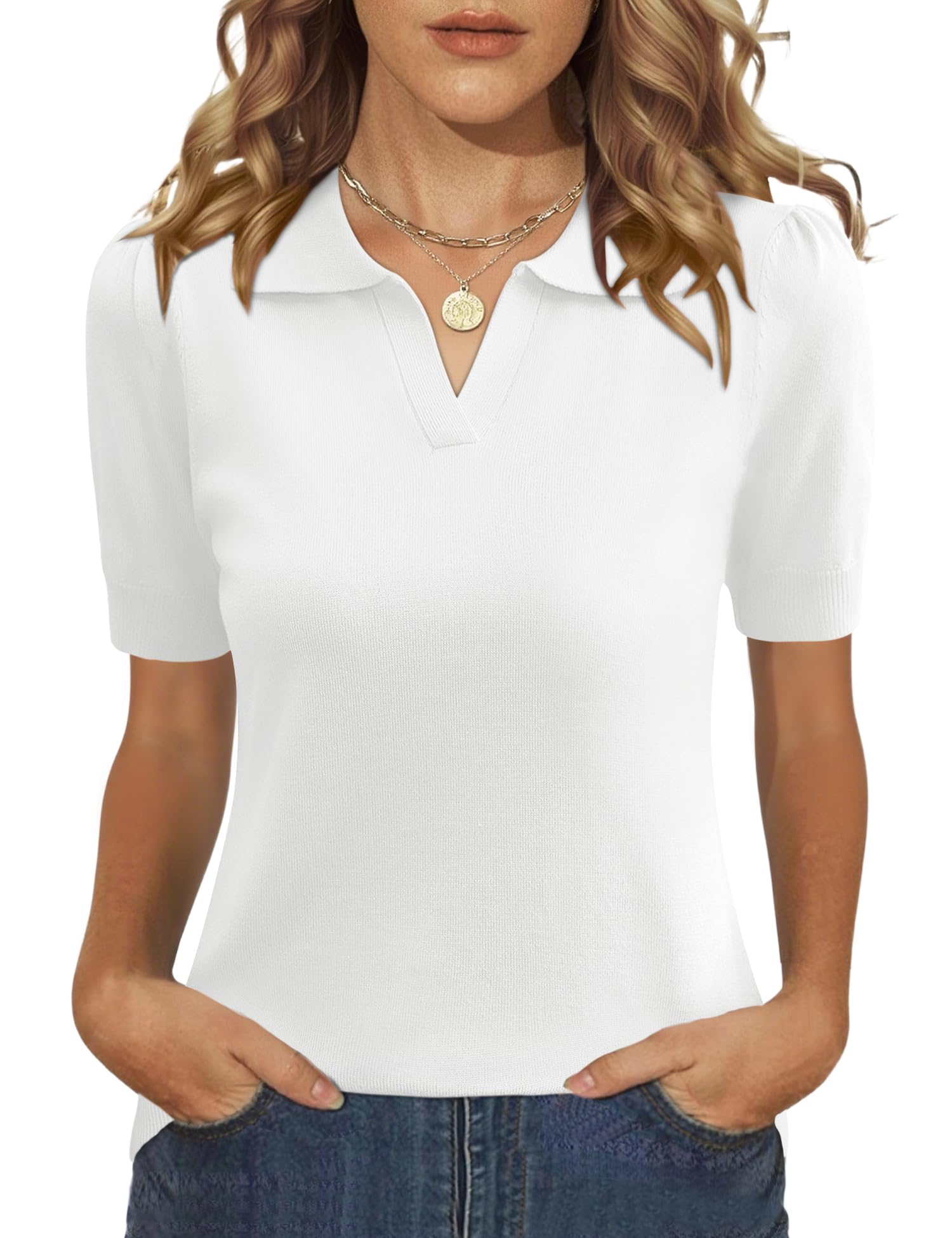 LOMON Womens Puff Short Sleeve Polo Sweater V Neck Knitted Tops Casual Ribbed Shirt Pullover Blouse